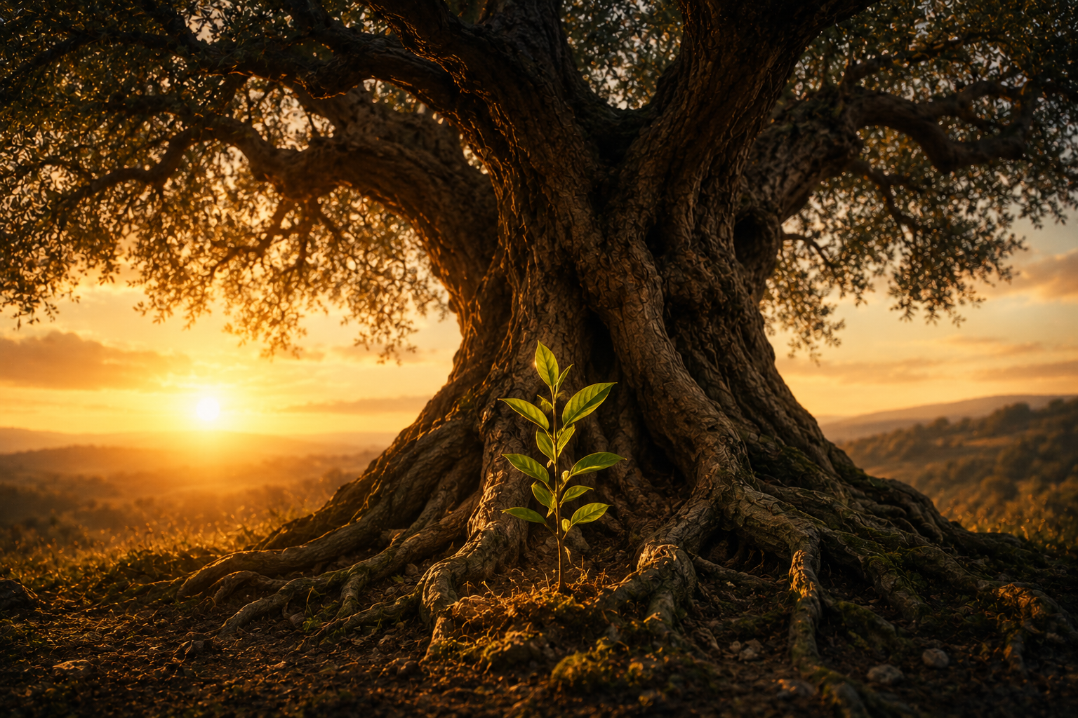 Ancient tree with new growth at base representing healing the family tree and what changes in one generation moving forward through the lineage