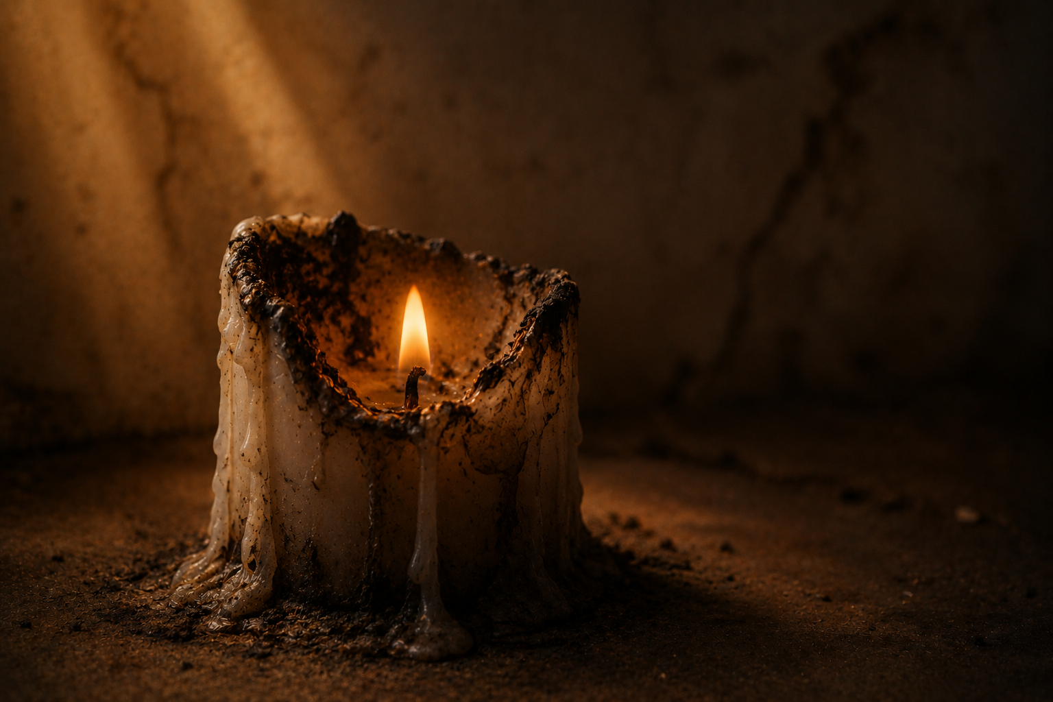 Nearly burned down candle with small warm flame representing parental burnout and the depletion that becomes a child's environment when left unaddressed