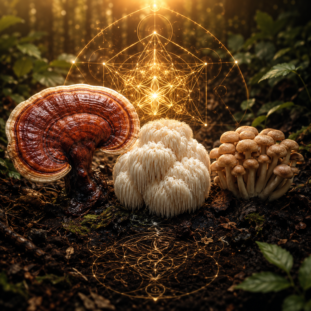 Three adaptogenic mushrooms on dark earth in golden light representing lion's mane reishi and chaga as ancient frequency tools for the nervous system