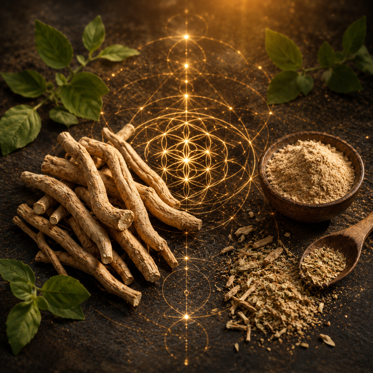 Ashwagandha root and adaptogenic herbs on dark stone in golden light representing plants that recalibrate cortisol and the stress signal at the physiological layer